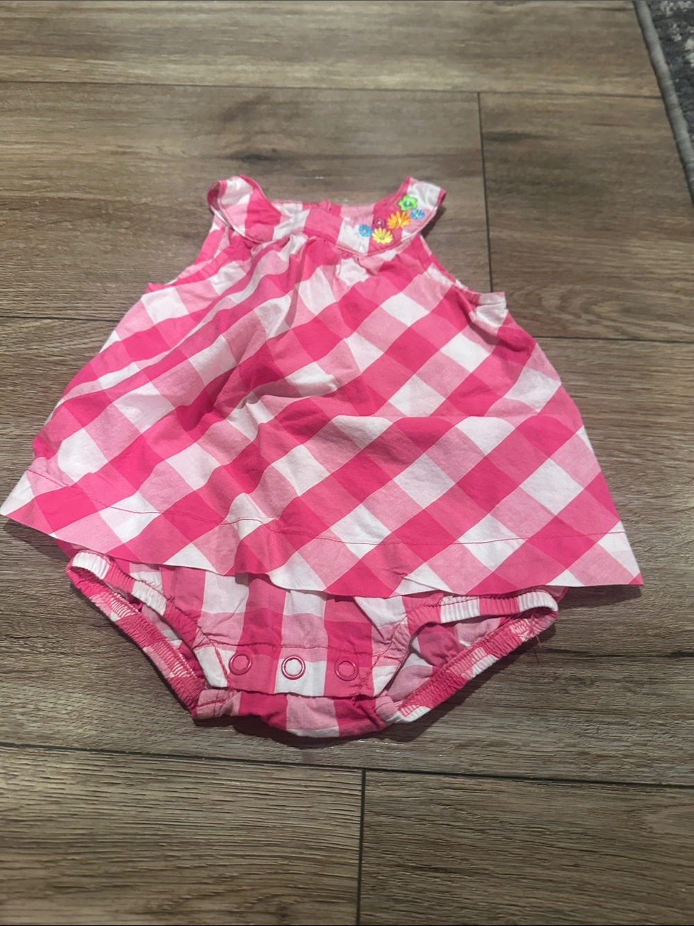 Carter's Pink and White Gingham Bubble Romper with Flower Trim